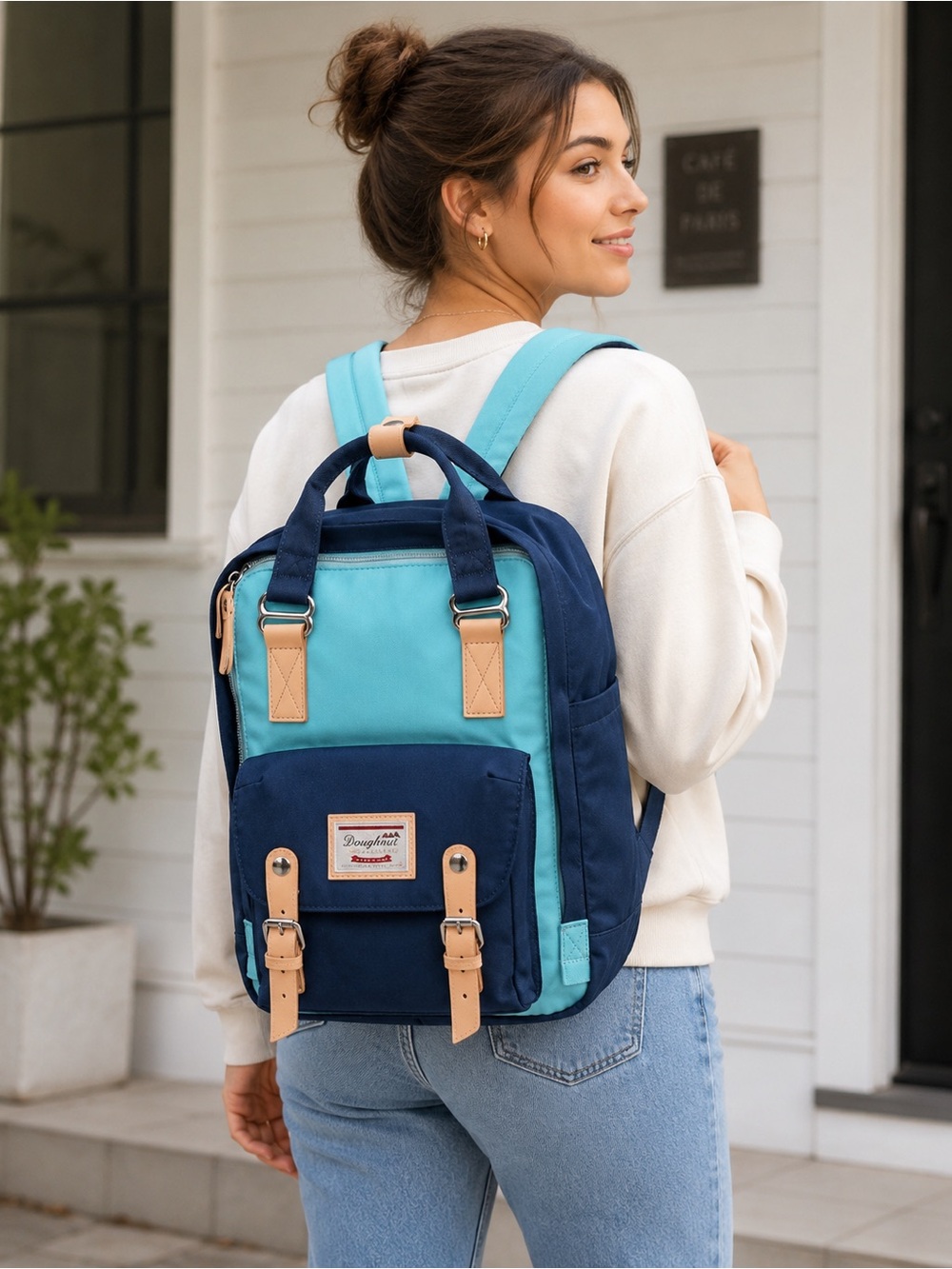 Doughnut Macaroon Mini Backpack Navy Blue Aqua Nylon Leather Trim Laptop Bag